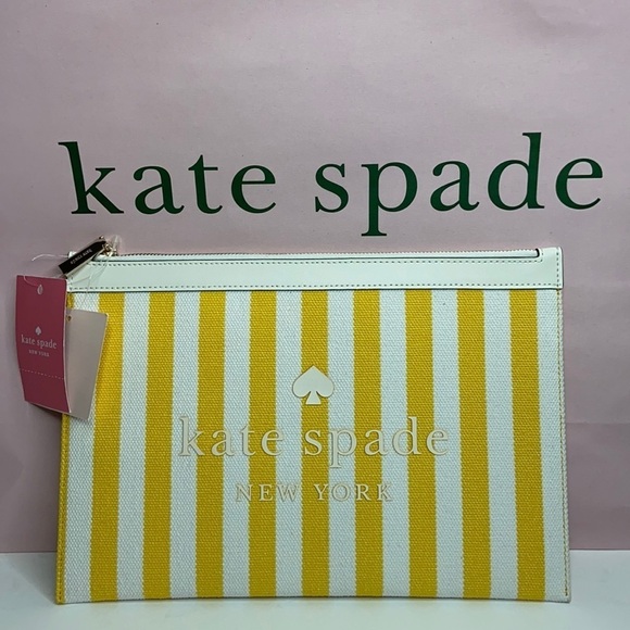 Kate Spade Women’s Yellow Striped Stone Canvas Large Zip Clutch NWT - Picture 2 of 11